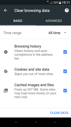 clear cache in adnroid chrome browser